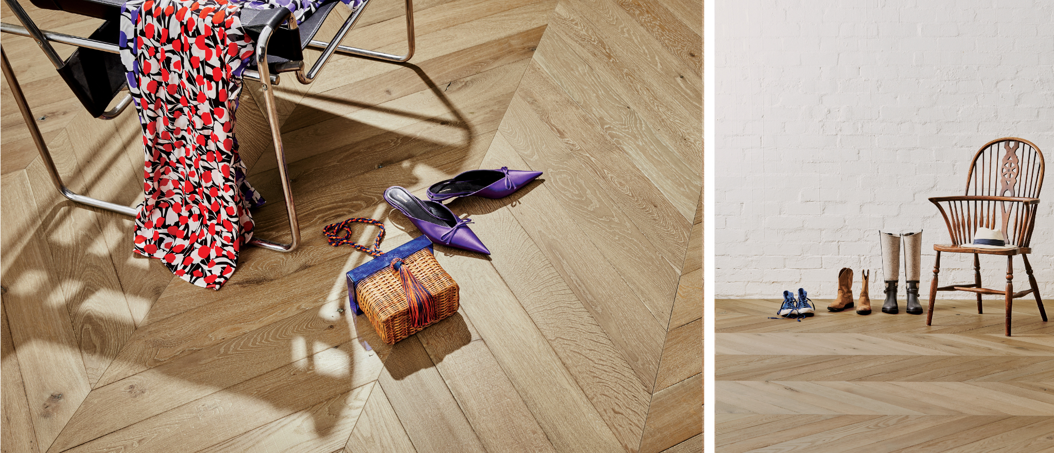 SOLLE Linseed engineered timber flooring , with women's clothing, a bag and a some purple shoes