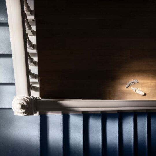 Overhead view of a grand staircase in a heritage home renovation, with Maison Mozart engineered oak flooring and plush blue carpet. A glamourous pair of heeled shoes is placed at the foot of the staircase.